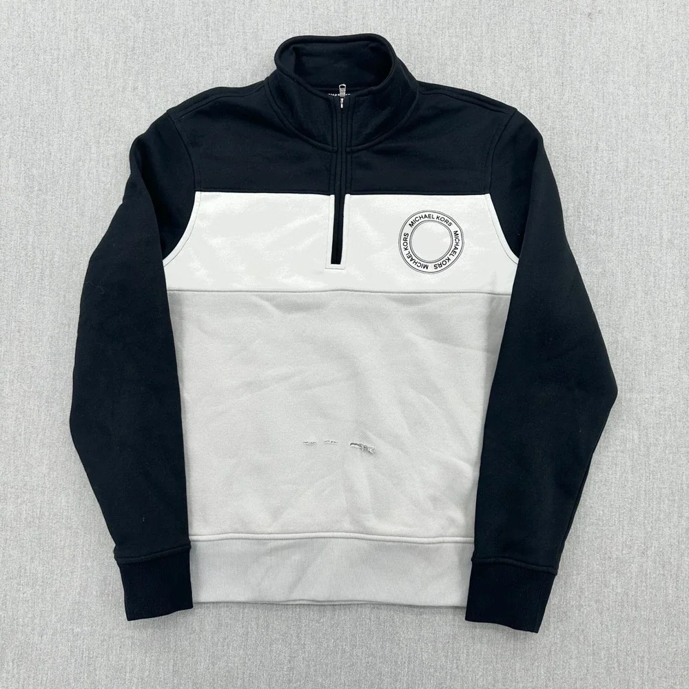 Michael Kors Quarter Zip Mens Large Sweatshirt Black White Colorblock Pullover - Picture 2 of 8